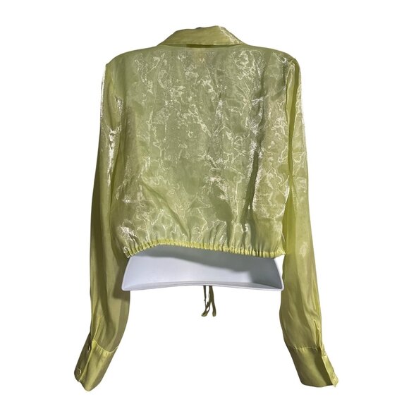 House Of Harlow 1960 Crop Top Sheer Yellow Button-Up Drawstring Shirt Womens M - Picture 2 of 6